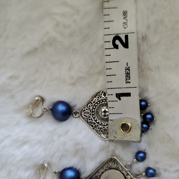 BLUE SILVER TONE CLIP ON DANGLE HANGING DROP EARRINGS BOHO COW… - Picture 4 of 6